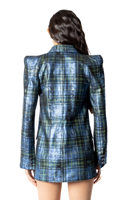 Abito blazer Cosmina Suçiu Tartan Elettrico doppiopetto da donna in tessuto metallizzato blu e verde.