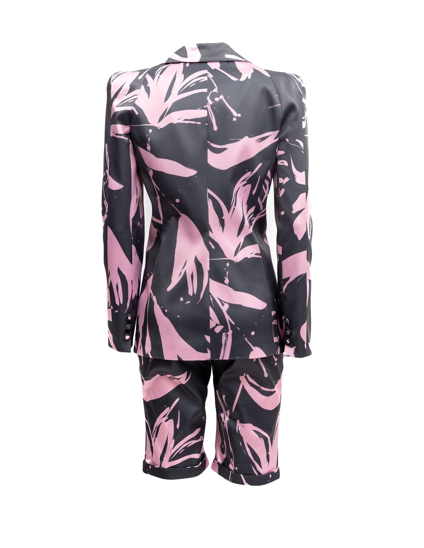 Blazer Cosmina Suçiu Urban Flora grigio antracite donna con stampa floreale astratta rosa e revers a lancia lucidi.