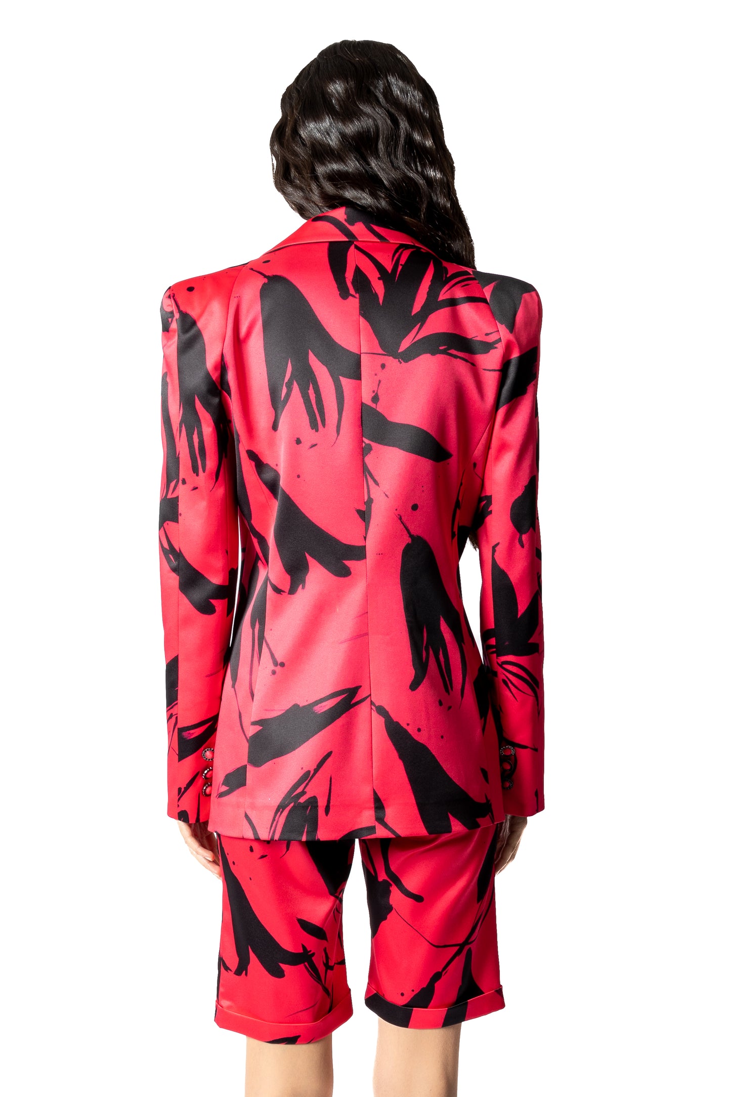 Blazer Cosmina Suçiu Passione Arte donna fucsia con stampa astratta nera e revers a lancia lucidi.