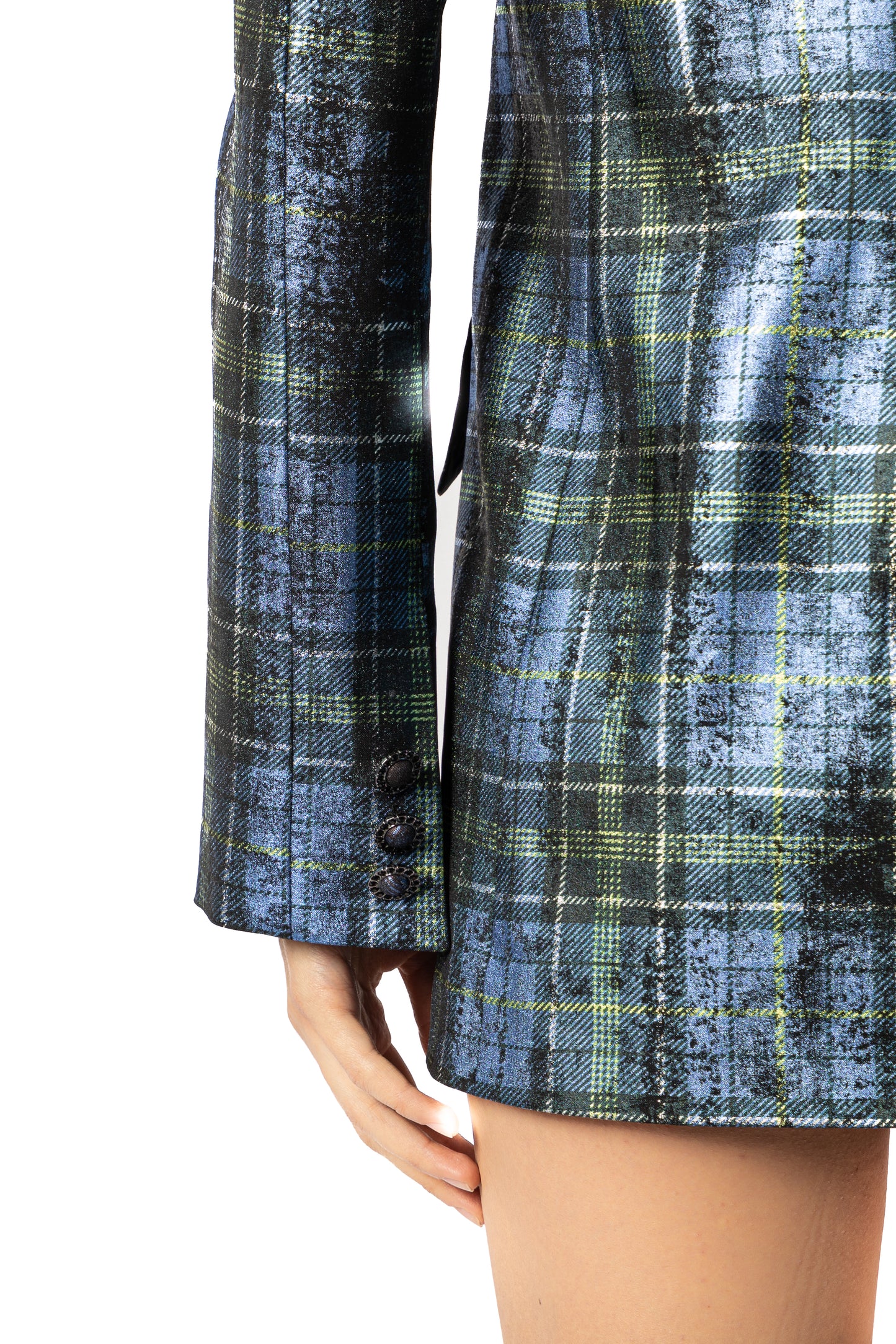 Abito blazer Cosmina Suçiu Tartan Elettrico doppiopetto da donna in tessuto metallizzato blu e verde.