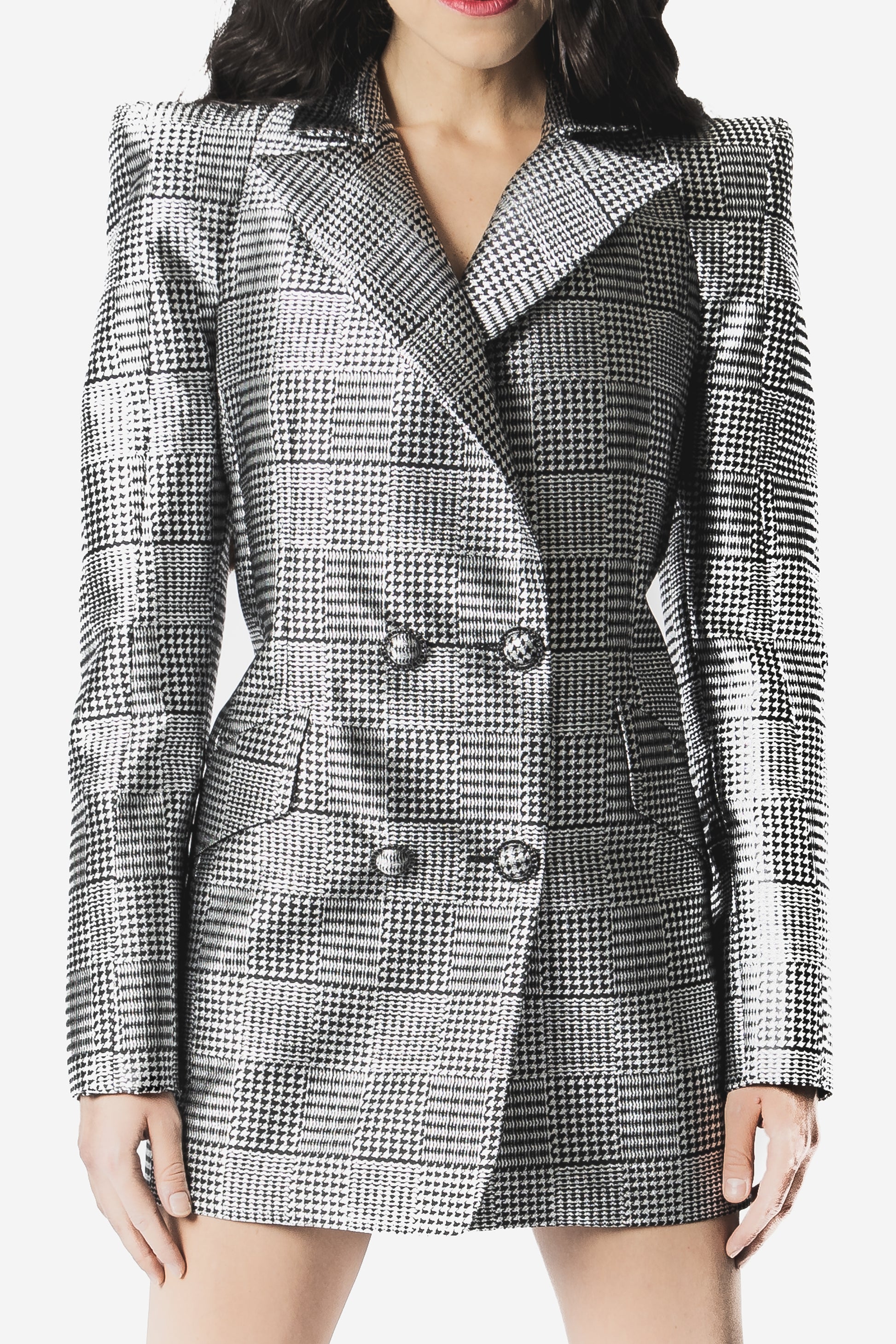 Abito blazer Cosmina Suçiu Pied de Poule Glamour doppiopetto da donna in tessuto metallizzato bianco e nero.