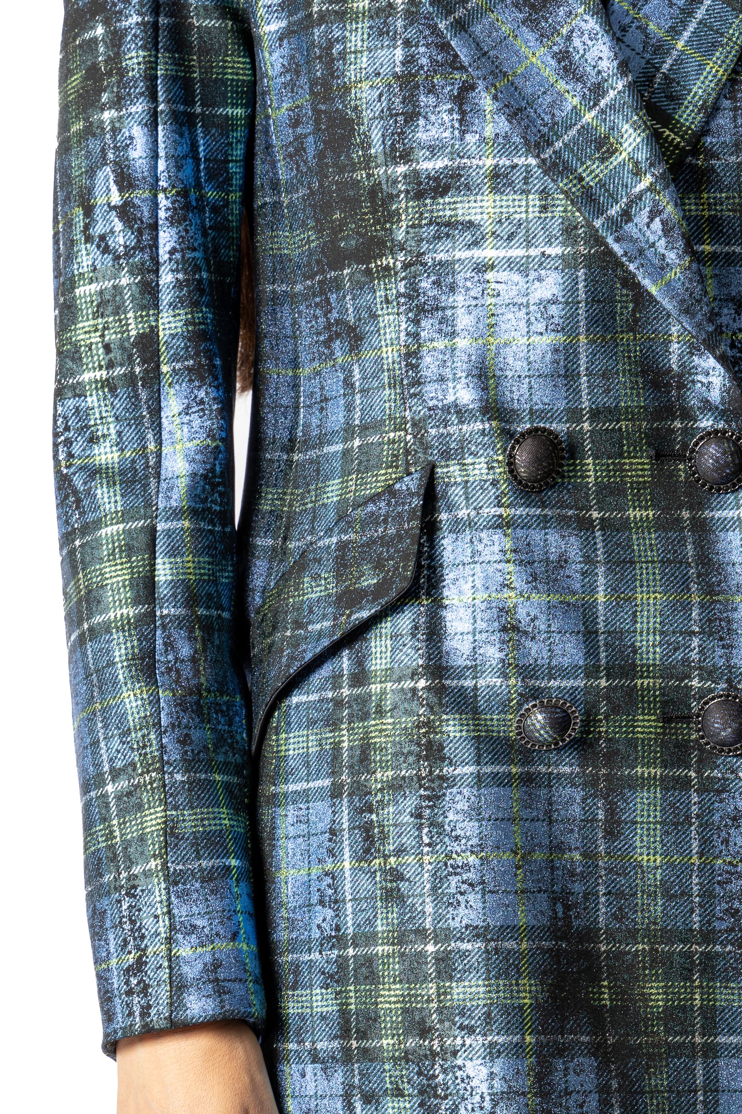 Abito blazer Cosmina Suçiu Tartan Elettrico doppiopetto da donna in tessuto metallizzato blu e verde.