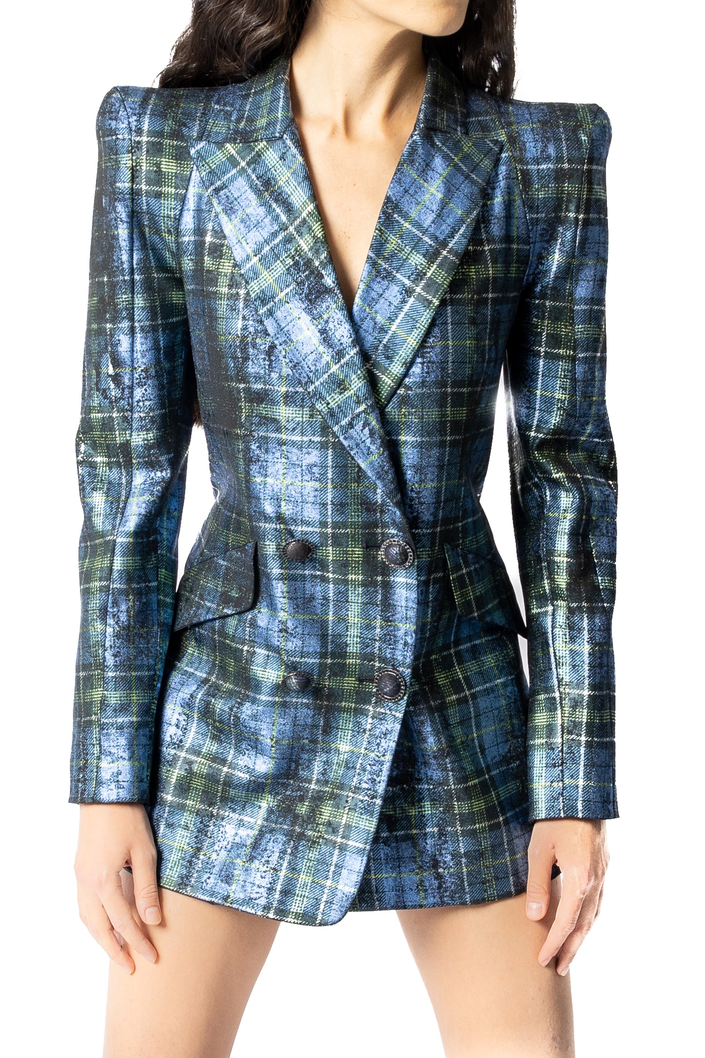 Abito blazer Cosmina Suçiu Tartan Elettrico doppiopetto da donna in tessuto metallizzato blu e verde.