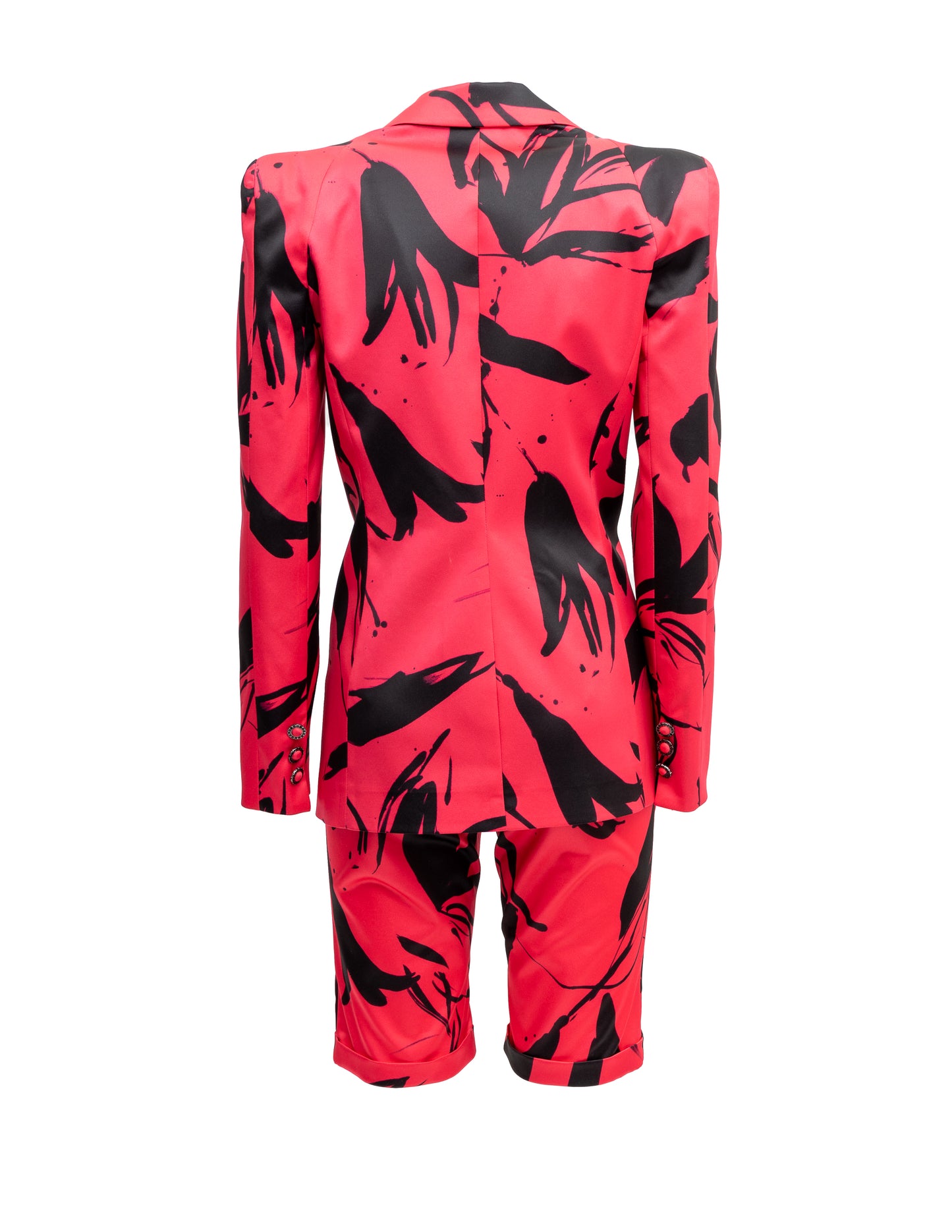 Blazer Cosmina Suçiu Passione Arte donna fucsia con stampa astratta nera e revers a lancia lucidi.