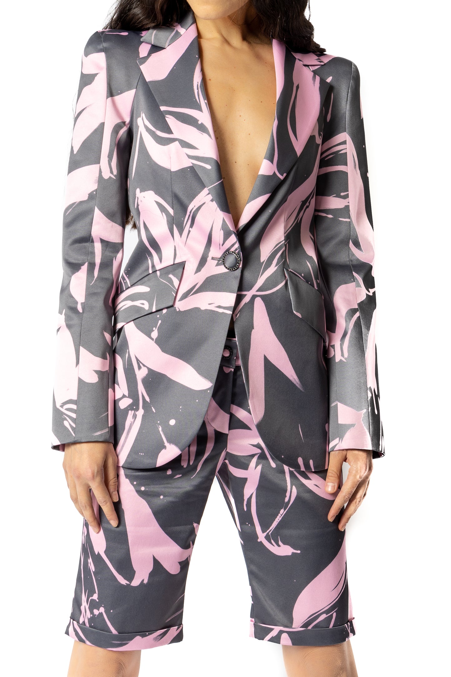 Blazer Cosmina Suçiu Urban Flora grigio antracite donna con stampa floreale astratta rosa e revers a lancia lucidi.