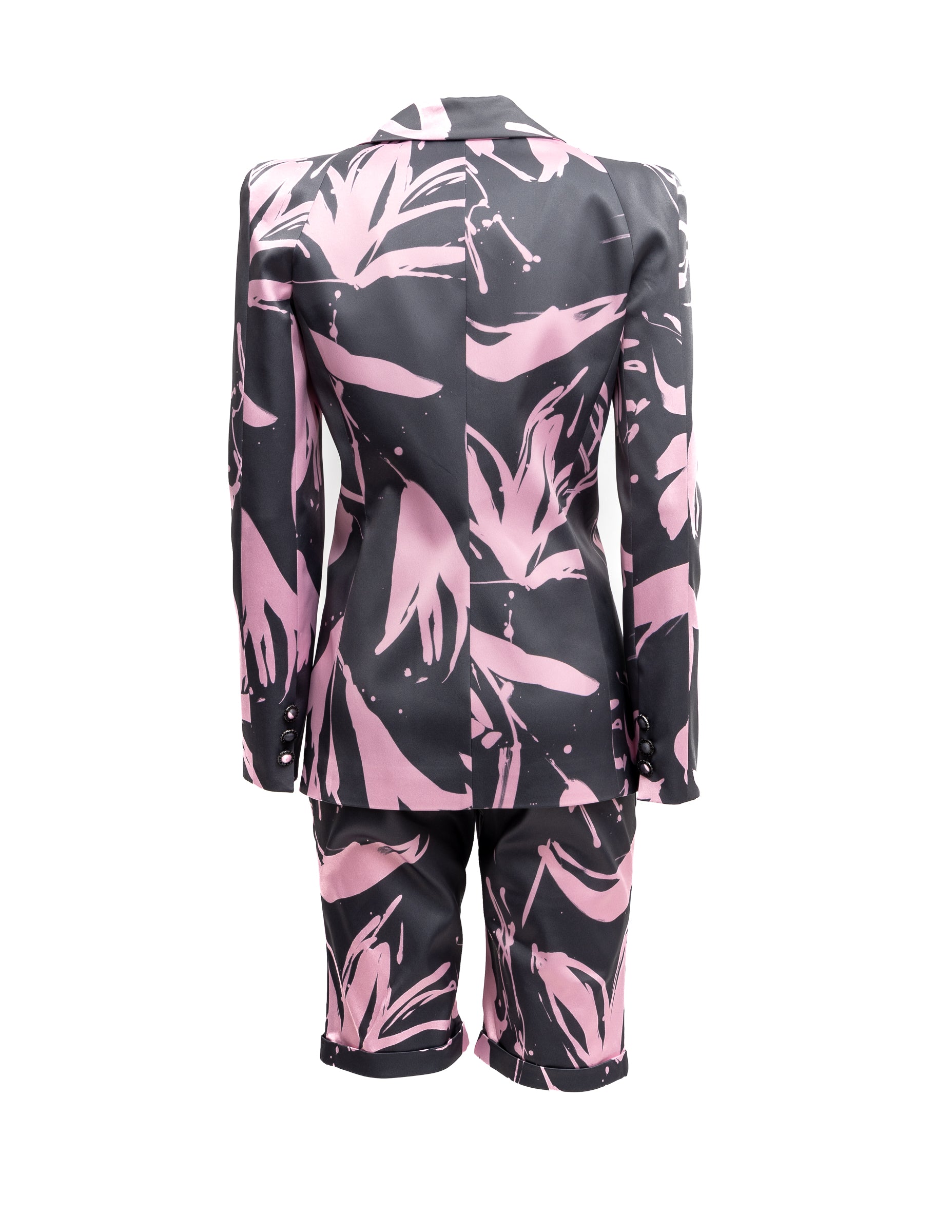 Blazer Cosmina Suçiu Urban Flora grigio antracite donna con stampa floreale astratta rosa e revers a lancia lucidi.