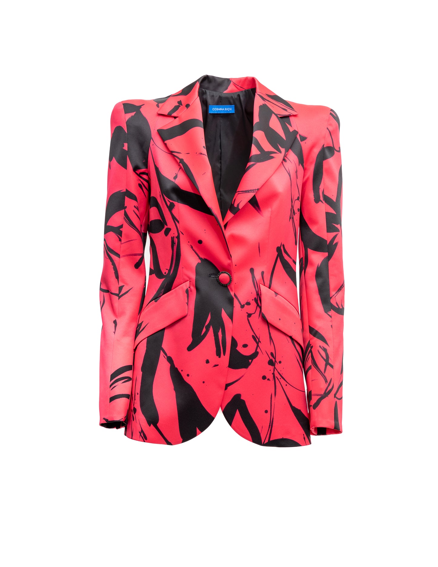Blazer Cosmina Suçiu Passione Arte donna fucsia con stampa astratta nera e revers a lancia lucidi.