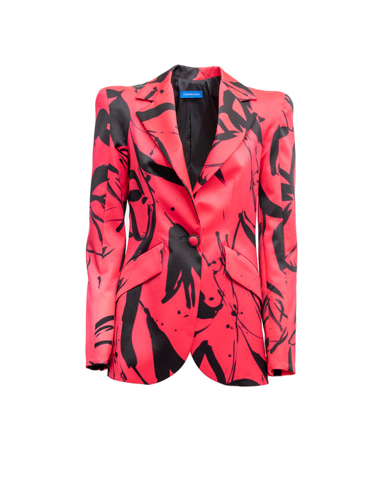 Blazer Cosmina Suçiu Passione Arte donna fucsia con stampa astratta nera e revers a lancia lucidi.
