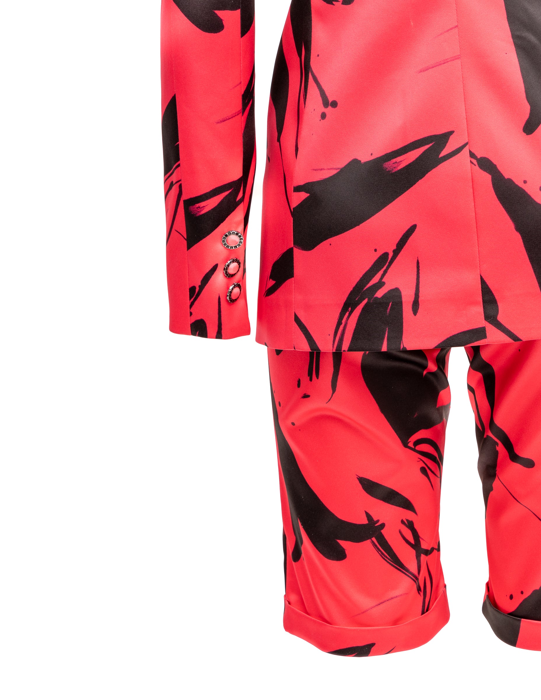  Blazer Cosmina Suçiu Passione Arte donna fucsia con stampa astratta nera e revers a lancia lucidi.