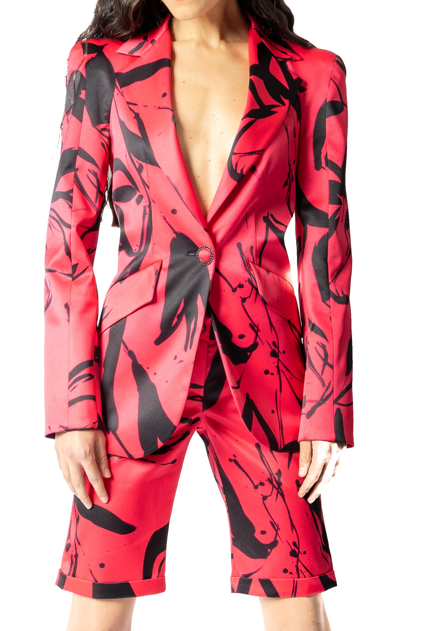  Blazer Cosmina Suçiu Passione Arte donna fucsia con stampa astratta nera e revers a lancia lucidi.