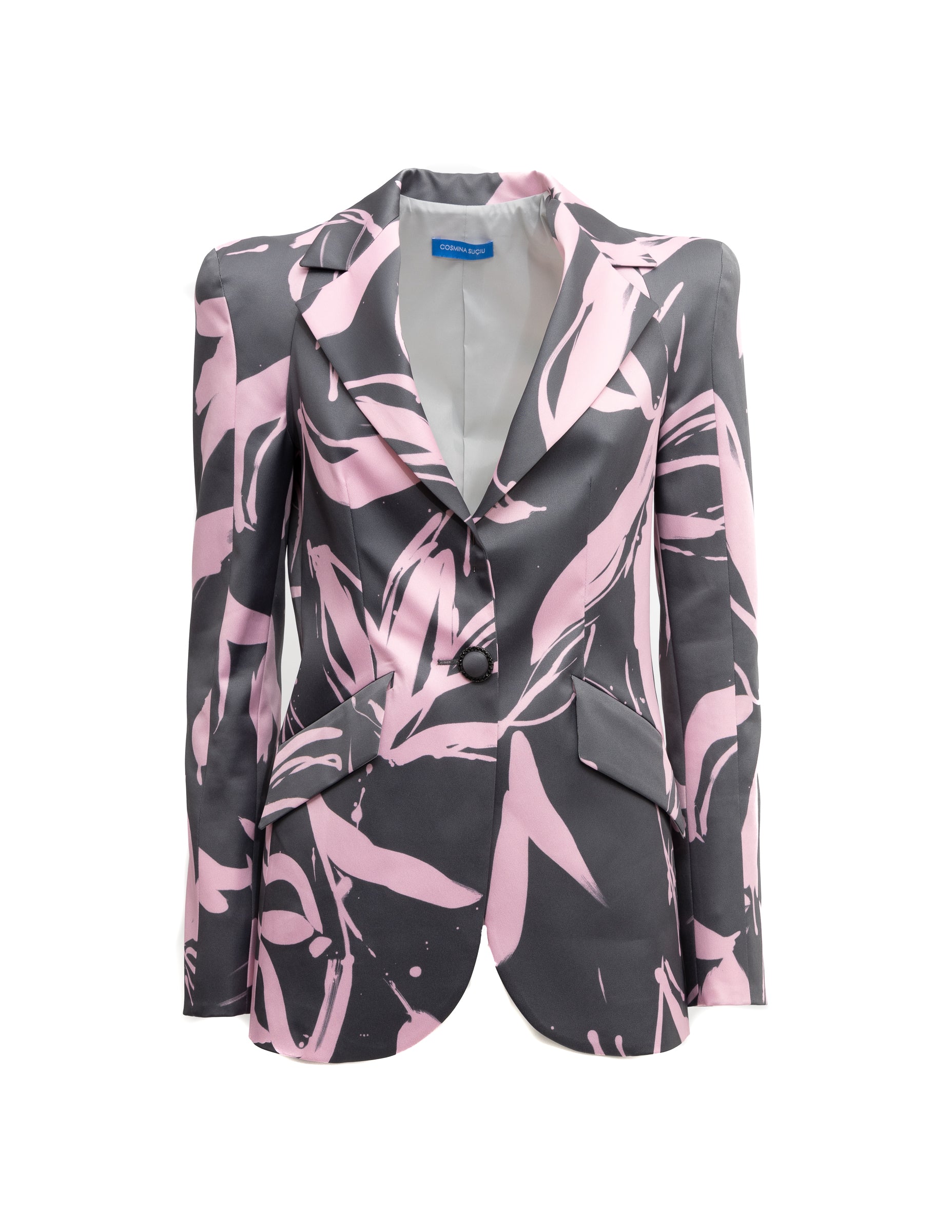 Blazer Cosmina Suçiu Urban Flora grigio antracite donna con stampa floreale astratta rosa e revers a lancia lucidi.