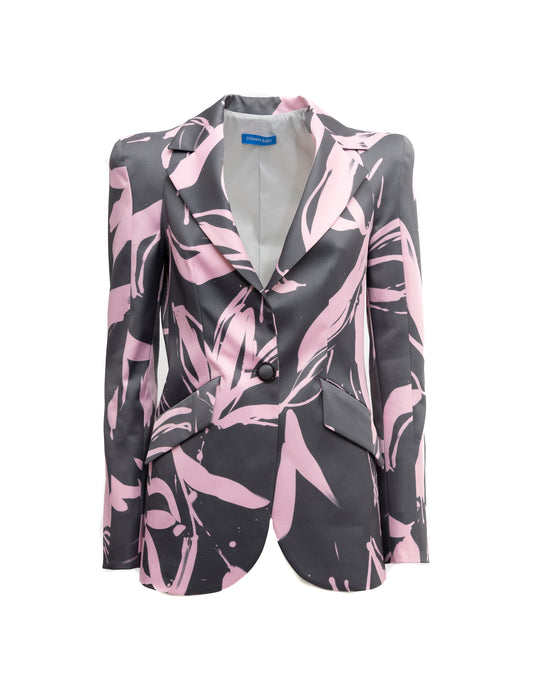 Blazer Cosmina Suçiu Urban Flora grigio antracite donna con stampa floreale astratta rosa e revers a lancia lucidi.