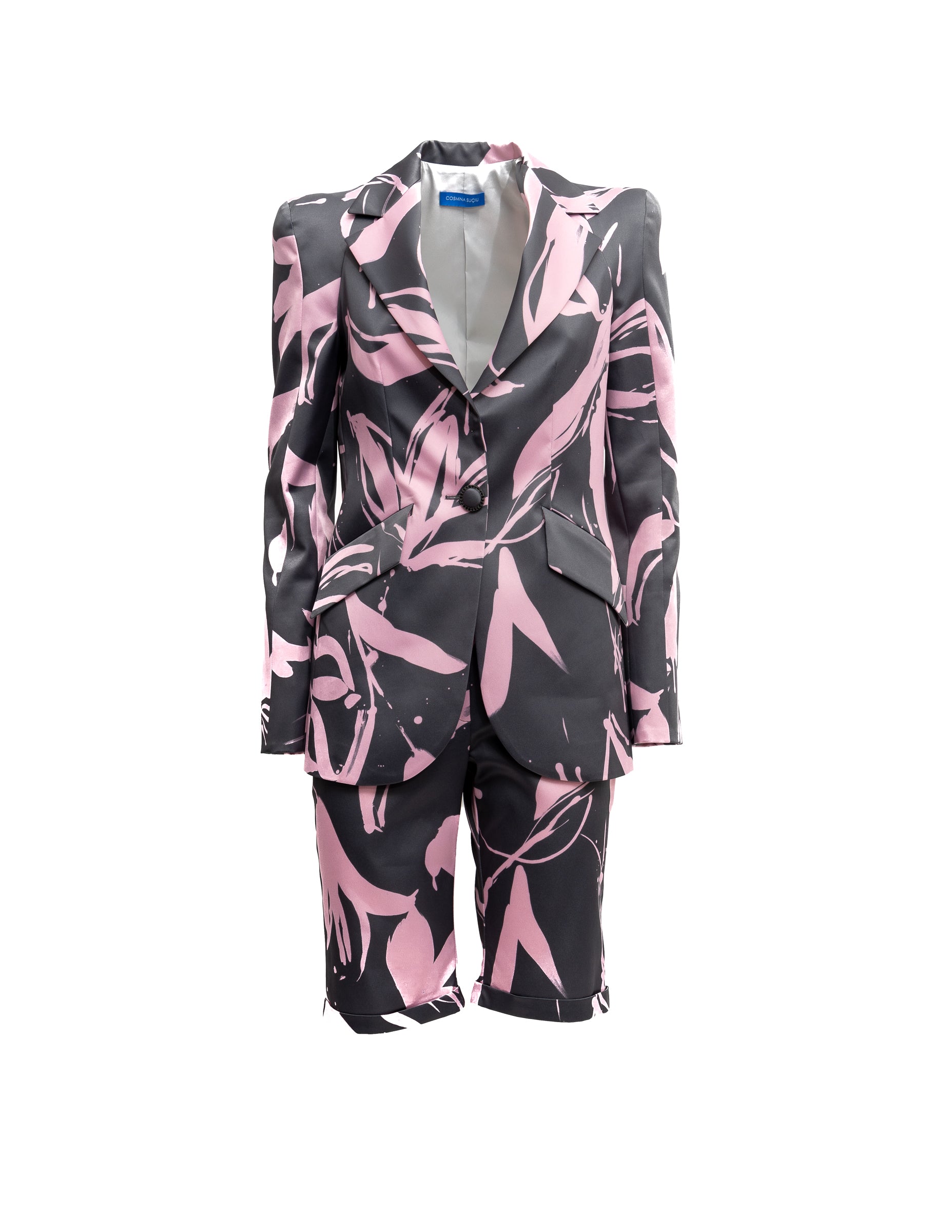 Blazer Cosmina Suçiu Urban Flora grigio antracite donna con stampa floreale astratta rosa e revers a lancia lucidi.