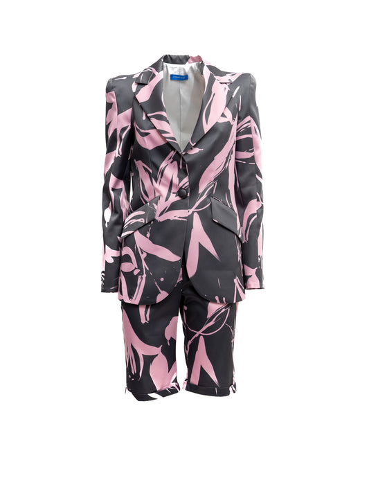 Blazer Cosmina Suçiu Urban Flora grigio antracite donna con stampa floreale astratta rosa e revers a lancia lucidi.