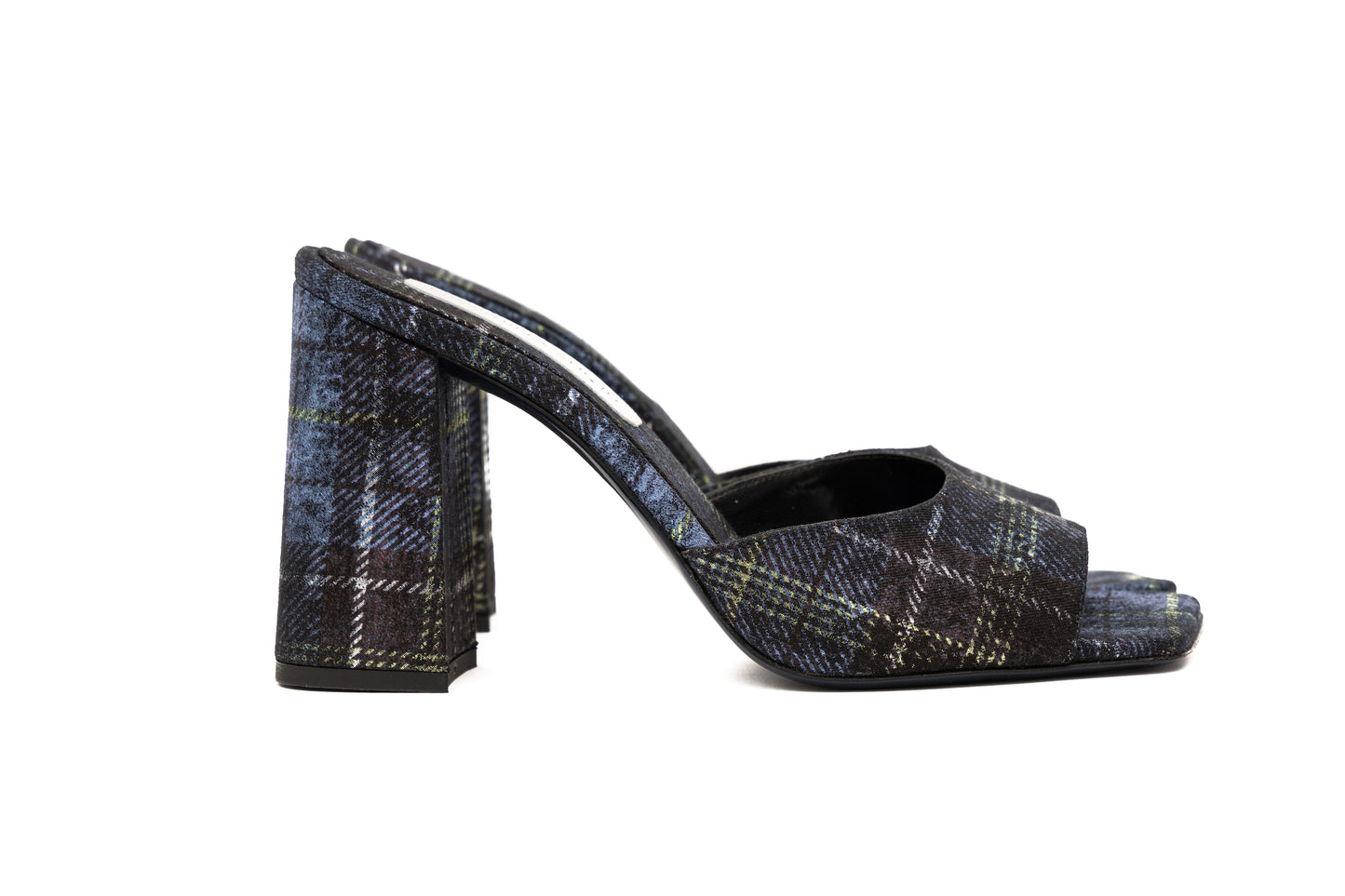 Mules Aura blu in tessuto tartan laminato con punta squadrata e tacco 9 cm.