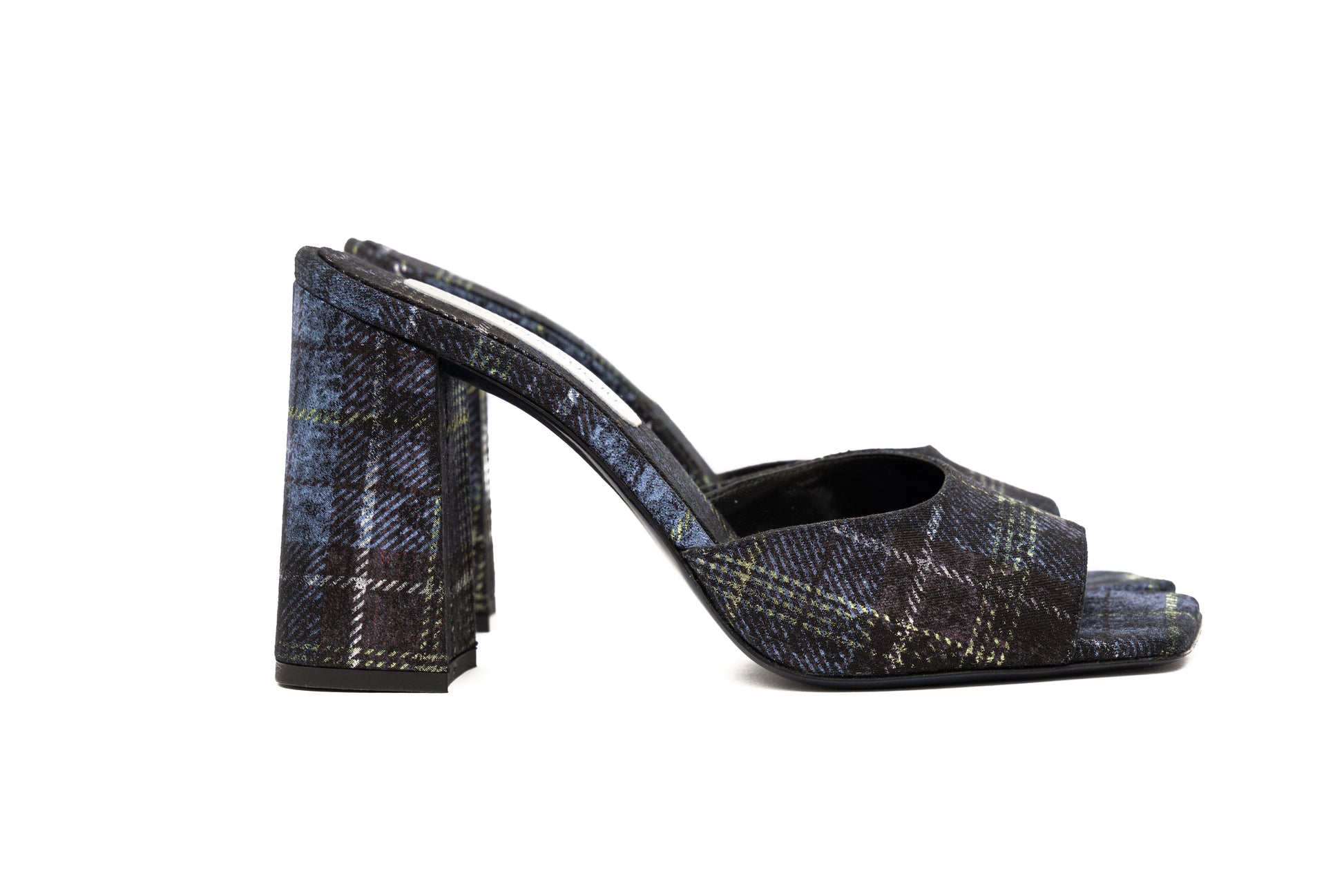 Mules Aura blu in tessuto tartan laminato con punta squadrata e tacco 9 cm.