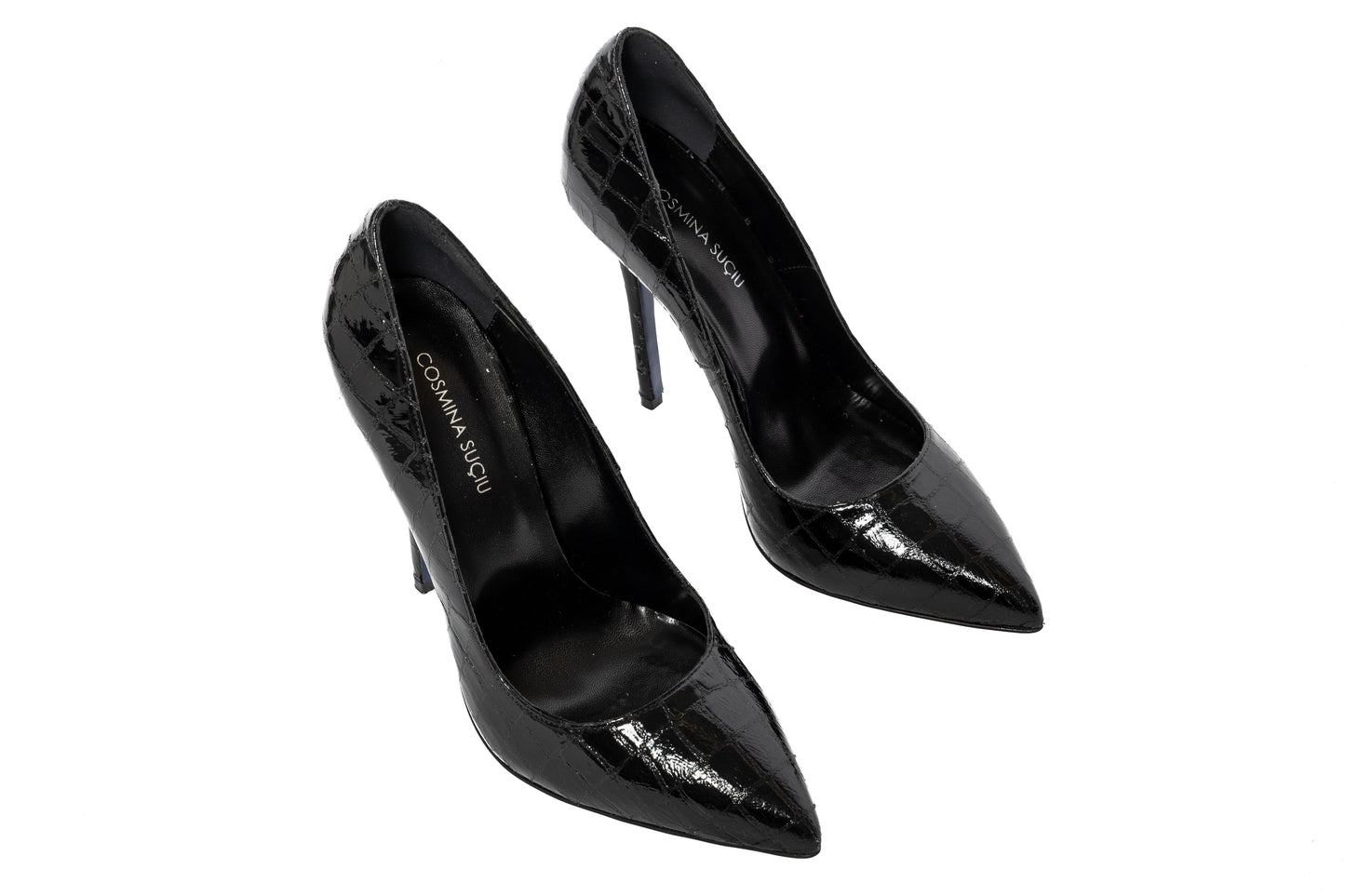 Décolleté nero Cassis in pelle effetto cocco mirror con tacco stiletto 120mm.